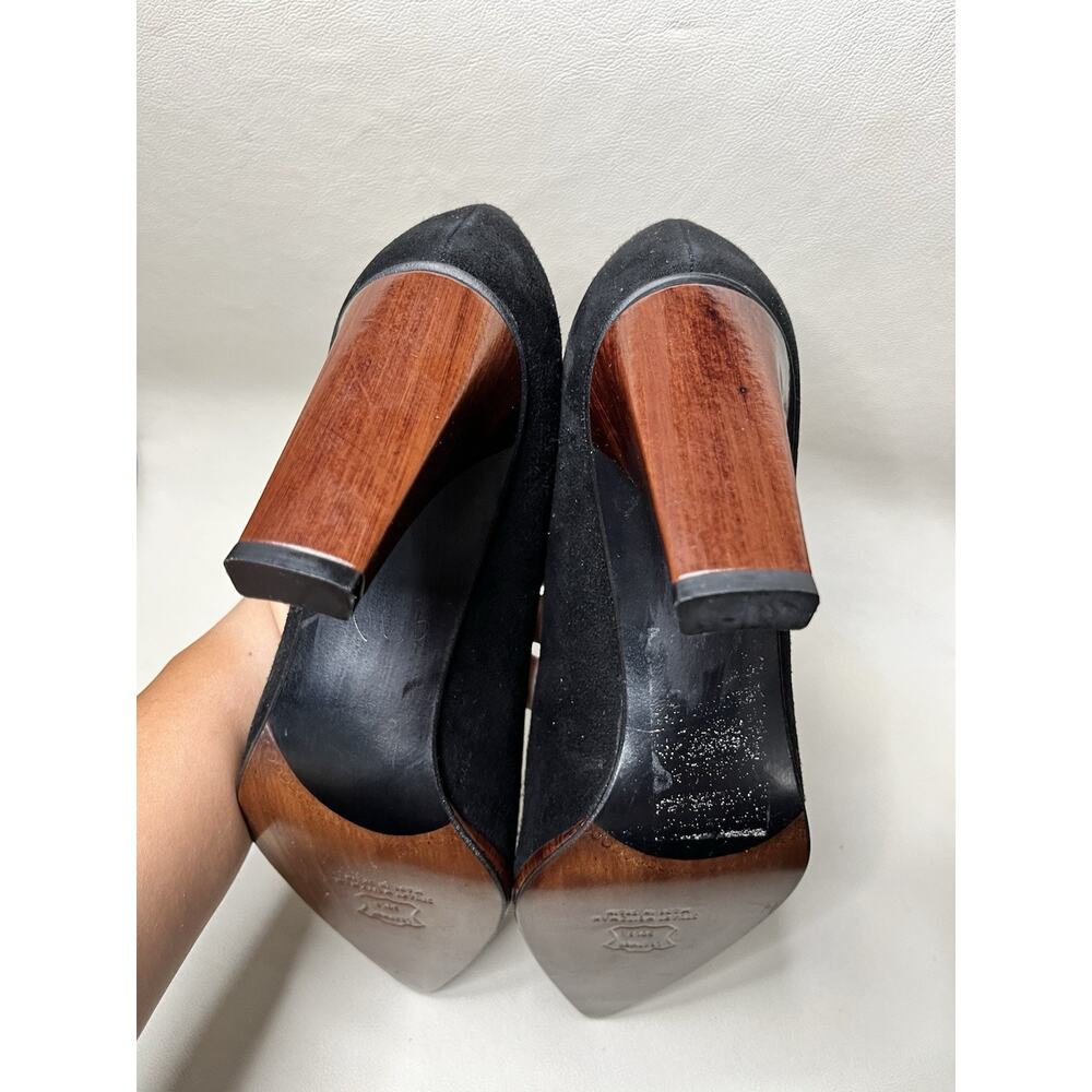 Vintage Y2K Stuart Weitzman Suede Point Toe Pumps Black Faux Wooden Heel Size 8 - Picture 6 of 9